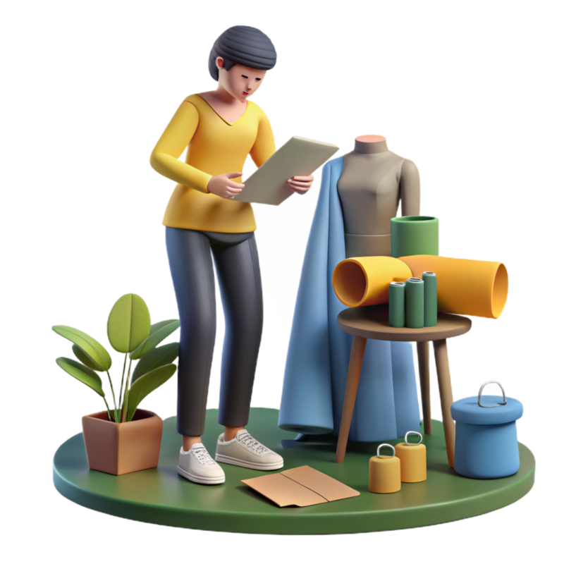 3D fashion designer with fabric, dress form, and sewing tools 3D fashion designer with fabric, dress form, and sewing tools.